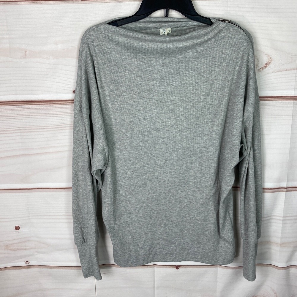 Hayden Top Womens L Gray Ribbed Knit Long Sleeve Zip Shoulder Boat Neck Solid